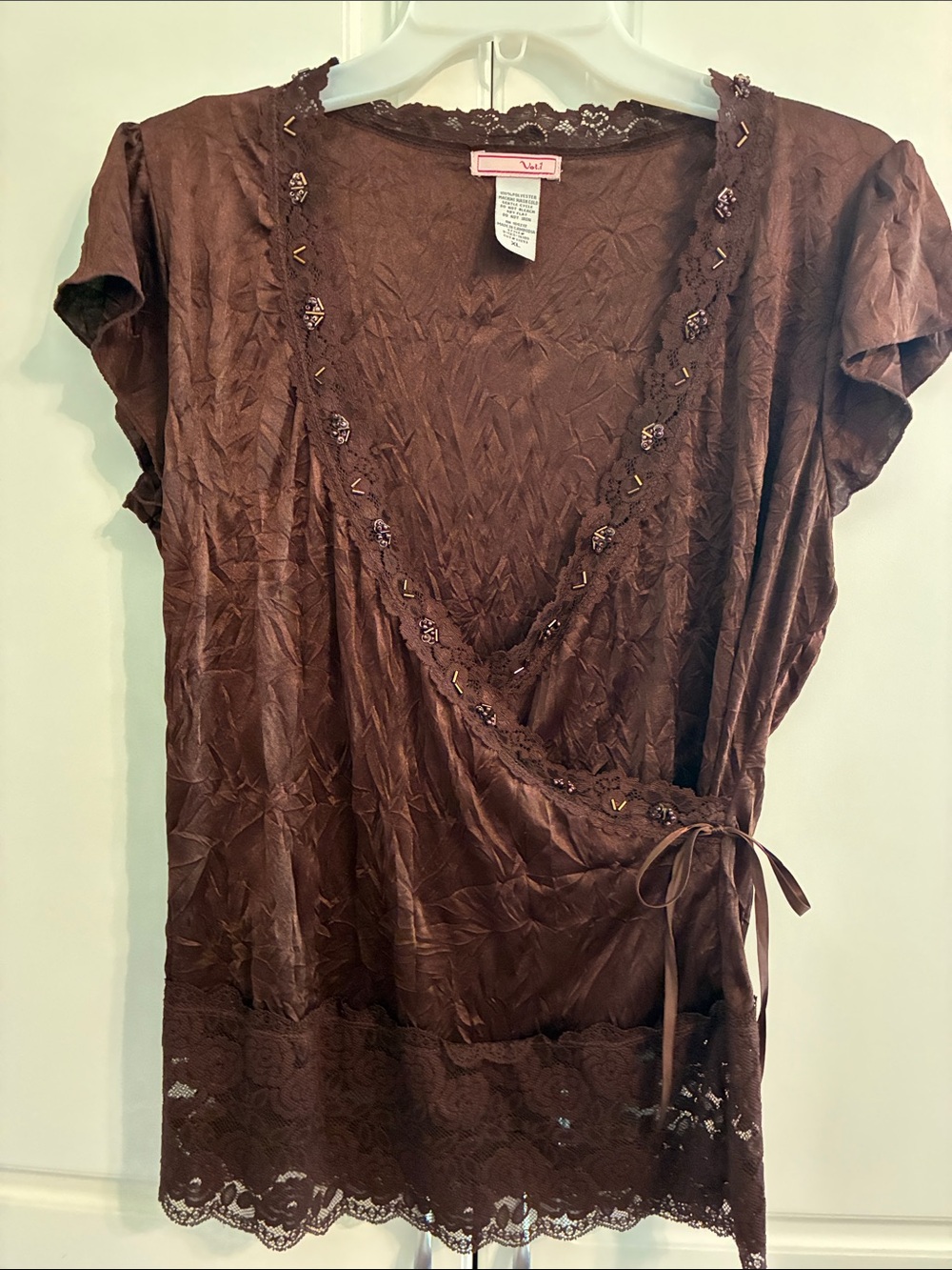 Women's Brown Lace-Trim Wrap Blouse